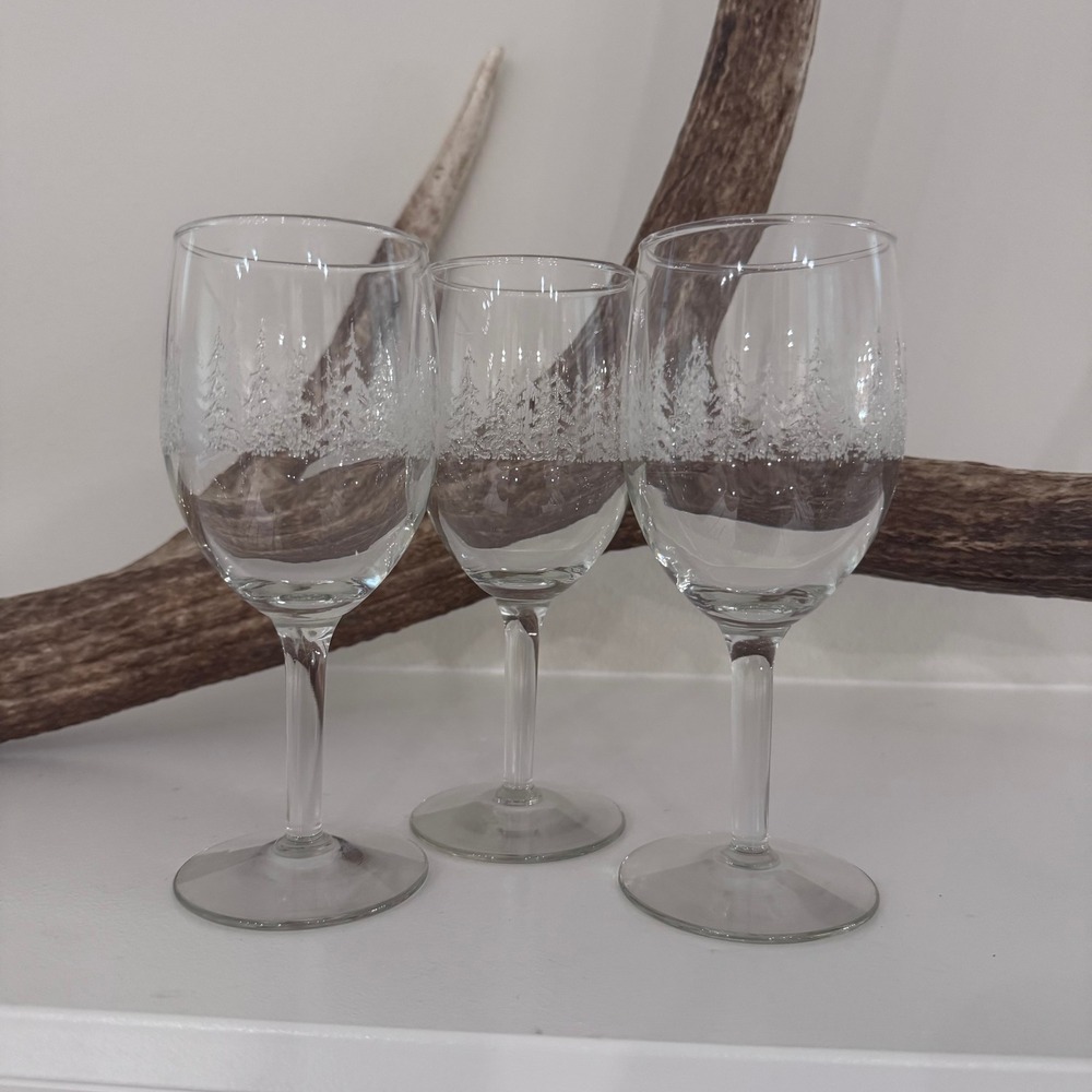 Vintage Libbey Frosty Pines Wine Glasses - Set of 3 Raised 3D Snowy Tree Design